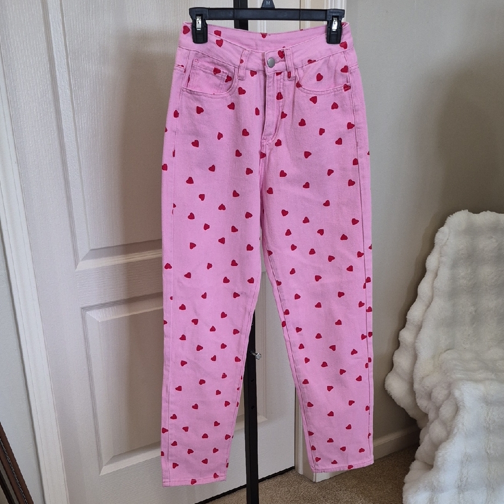 Women's Pink Wide Leg Jeans With Heart Pattern Size XS
